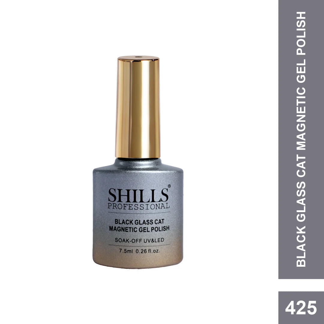 SHILLS Professional Black Glass Cat Magnetic Gel Polish – 9D Cat Eye Effect, Soak-Off UV & LED Gel Polish (Shade 425)