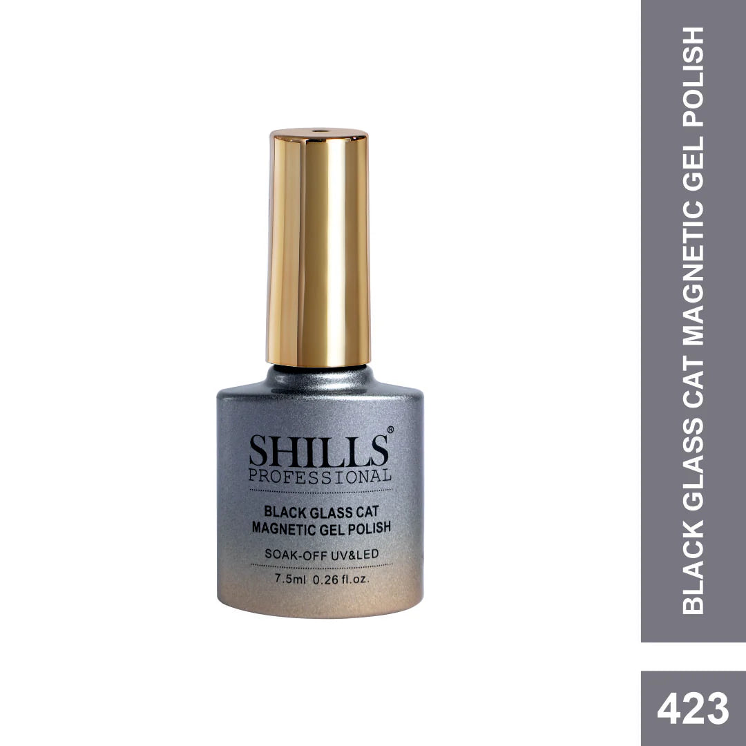 SHILLS Professional Black Glass Cat Magnetic Gel Polish – 9D Cat Eye Effect, Soak-Off UV & LED Gel Polish (Shade 423)
