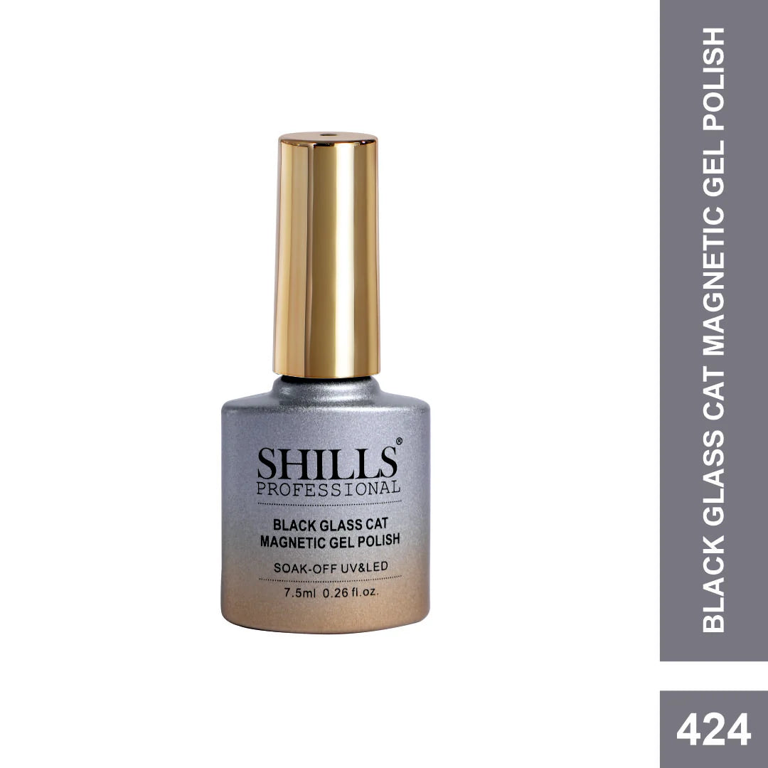 SHILLS Professional Black Glass Cat Magnetic Gel Polish – 9D Cat Eye Effect, Soak-Off UV & LED Gel Polish (Shade 424)