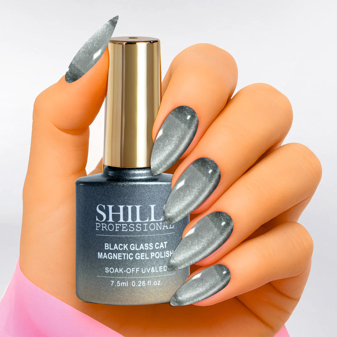 SHILLS Professional Black Glass Cat Magnetic Gel Polish – 9D Cat Eye Effect, Soak-Off UV & LED Gel Polish (Shade 427))