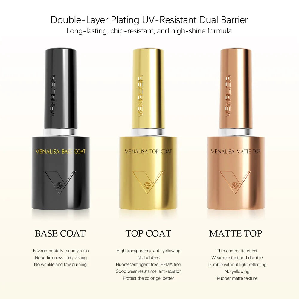 Venalisa Base Coat, Top Coat & Matte Top Set – Long-Lasting, UV-Resistant, High Shine & Matte Finish Nail Gel Set