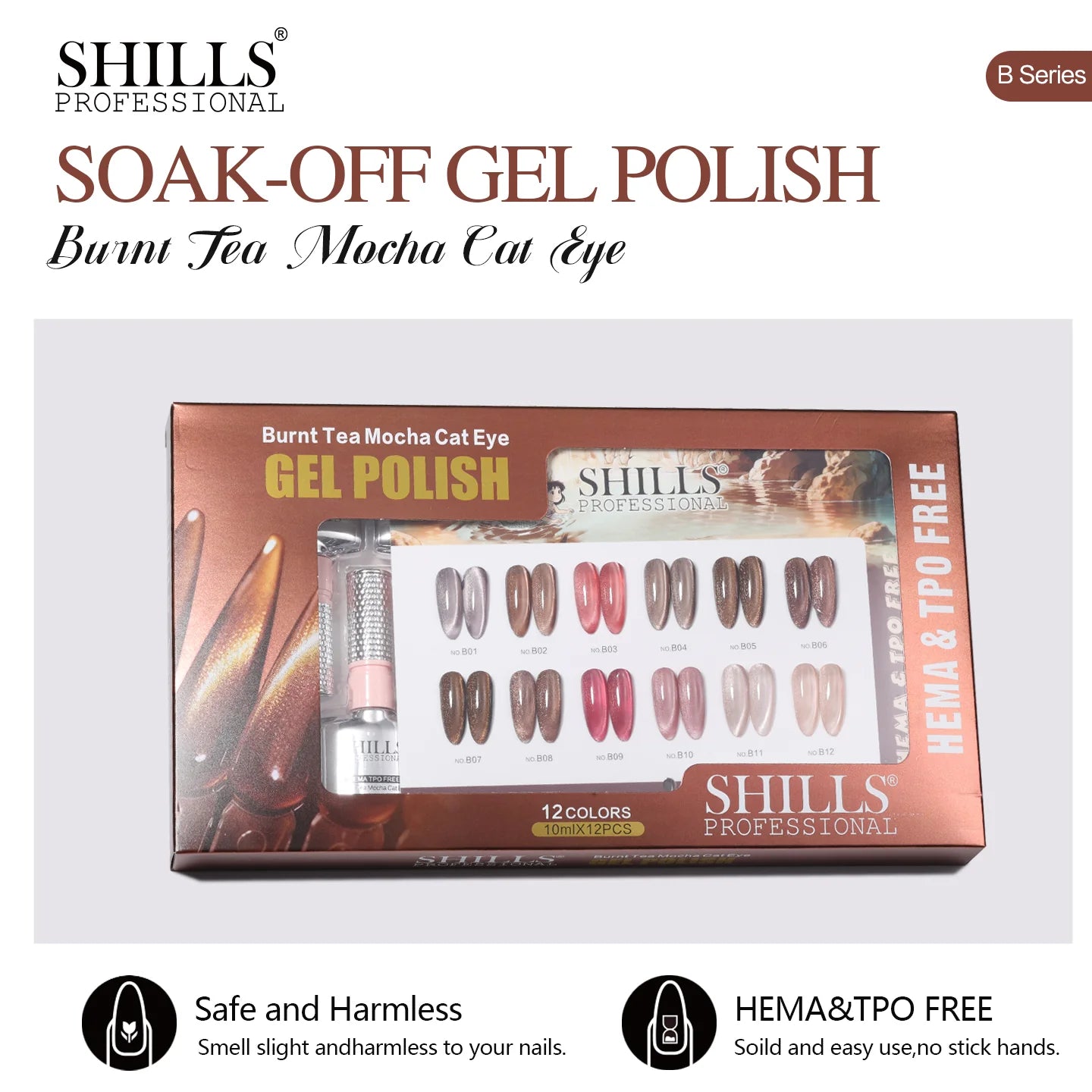 Shills Burnt Tea Mocha Cat Eye Gel Polish Set (12 Colors) | Magnetic Nail Art Kit | HEMA & TPO Free