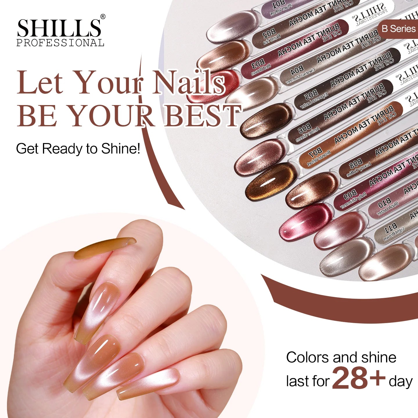 Shills Burnt Tea Mocha Cat Eye Gel Polish Set (12 Colors) | Magnetic Nail Art Kit | HEMA & TPO Free