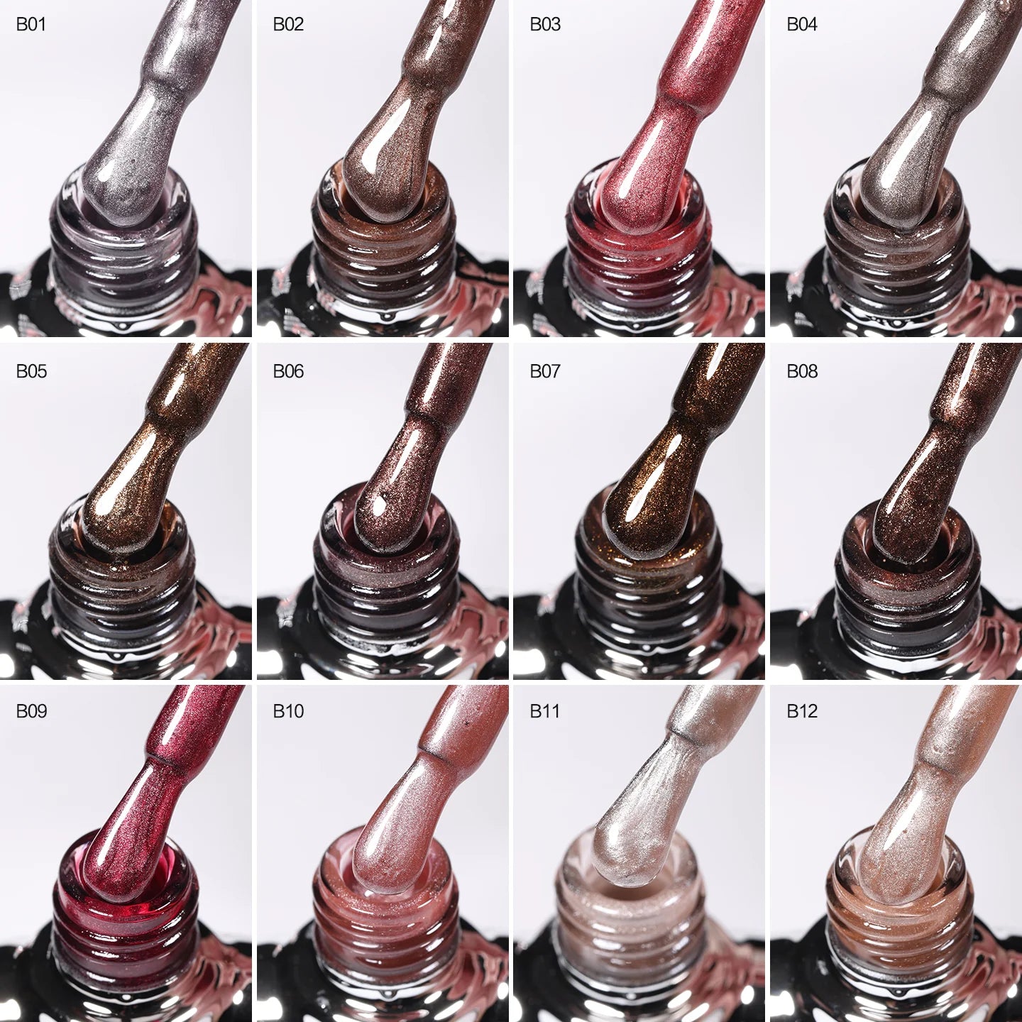 Shills Burnt Tea Mocha Cat Eye Gel Polish Set (12 Colors) | Magnetic Nail Art Kit | HEMA & TPO Free