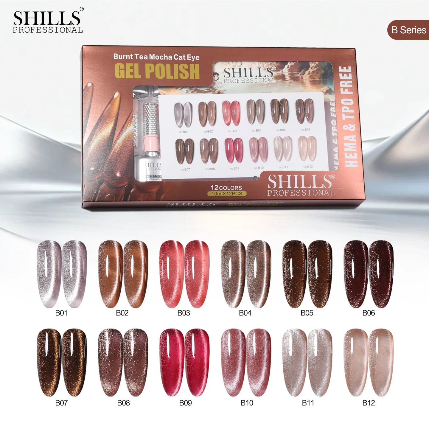 Shills Burnt Tea Mocha Cat Eye Gel Polish Set (12 Colors) | Magnetic Nail Art Kit | HEMA & TPO Free