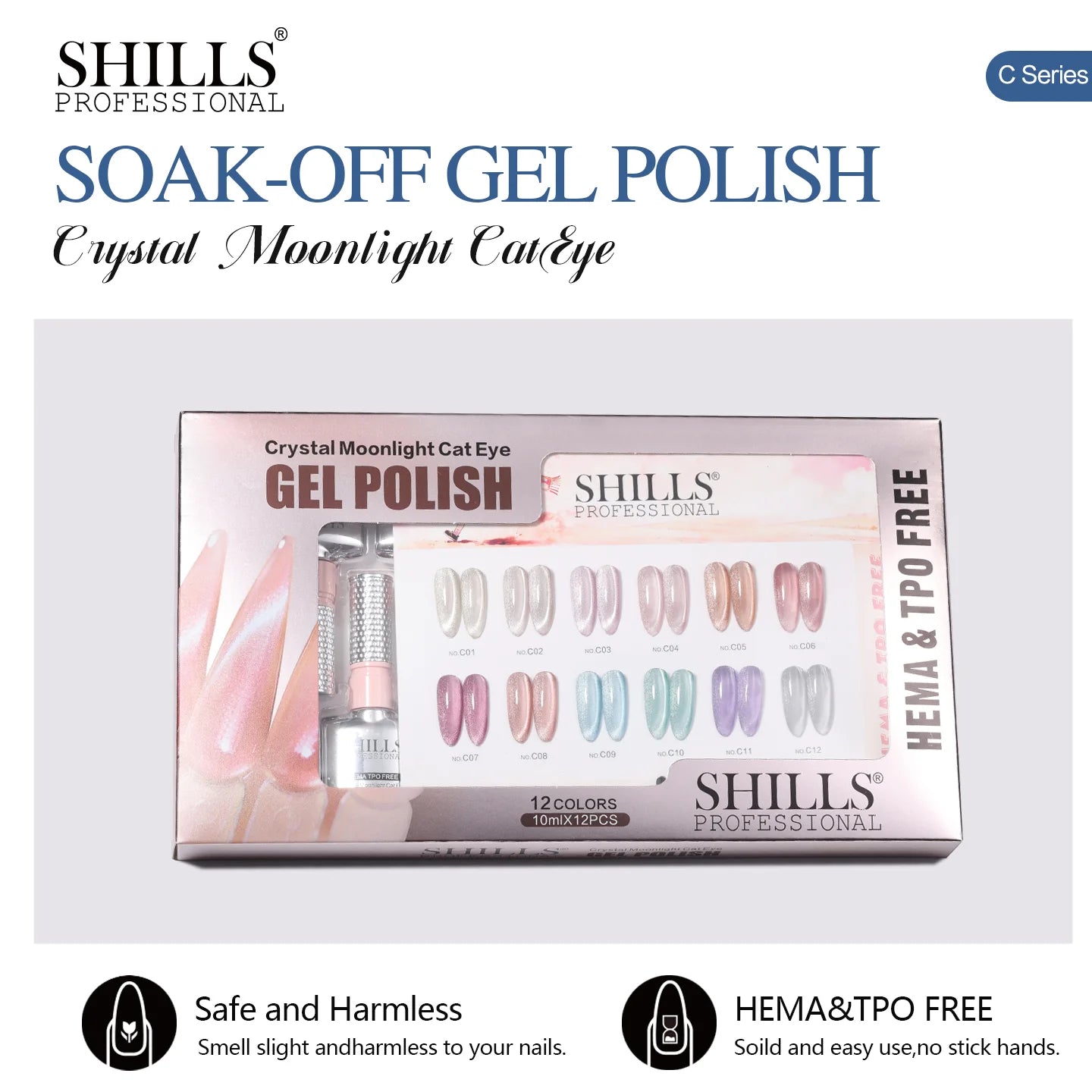 Shills Crystal Moonlight Cat Eye Gel Polish Set (12 Colors) | Magnetic Nail Art Kit | HEMA & TPO Free