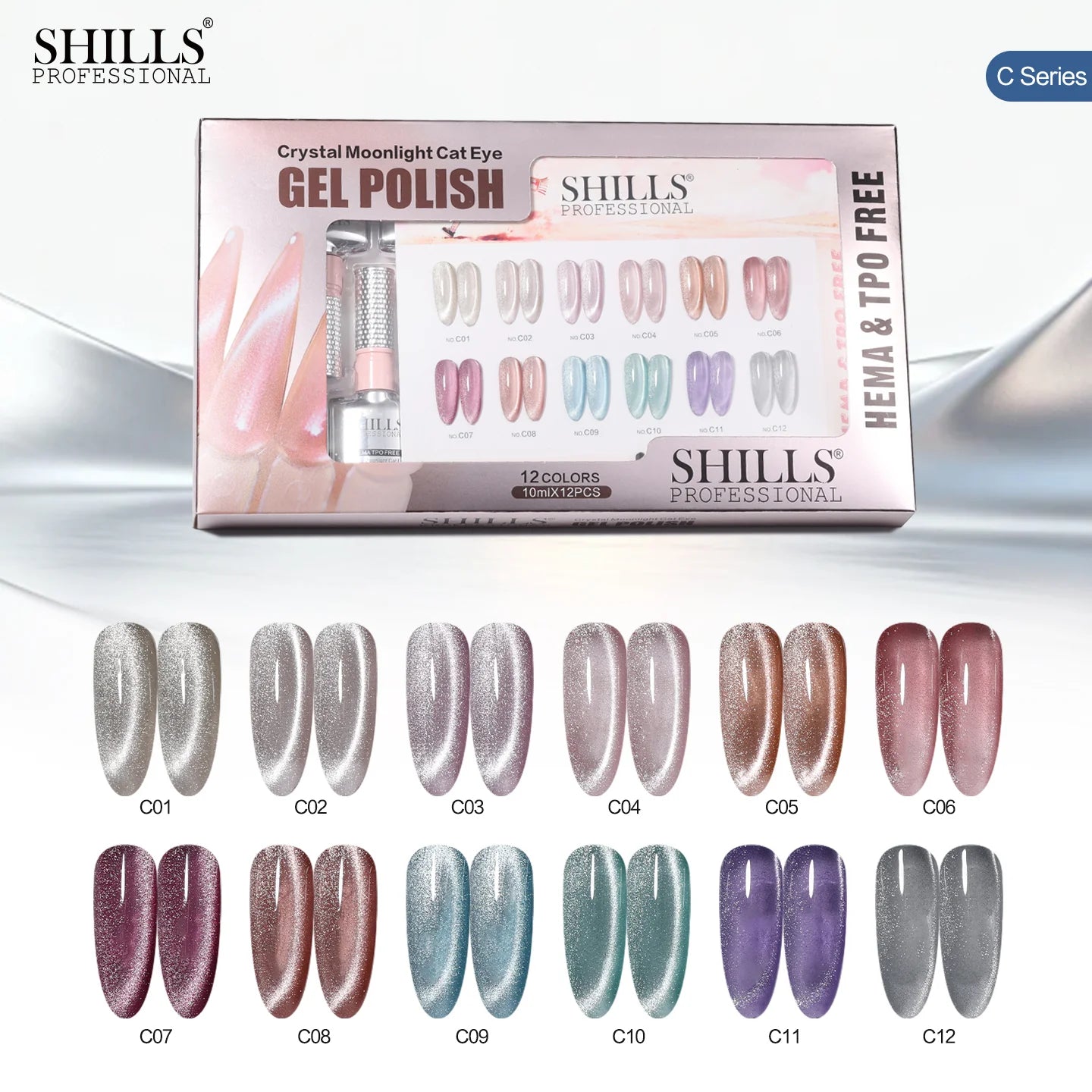 Shills Crystal Moonlight Cat Eye Gel Polish Set (12 Colors) | Magnetic Nail Art Kit | HEMA & TPO Free