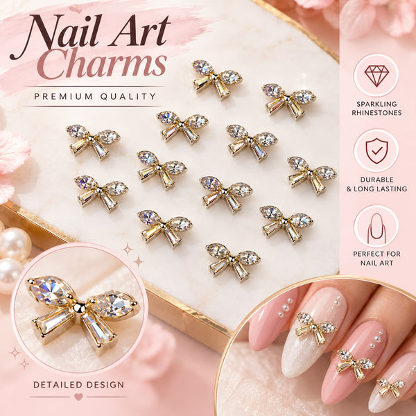 15 Pcs 3D Bow Nail Art Charms with Crystal Rhinestones – Gold Nail Decorations