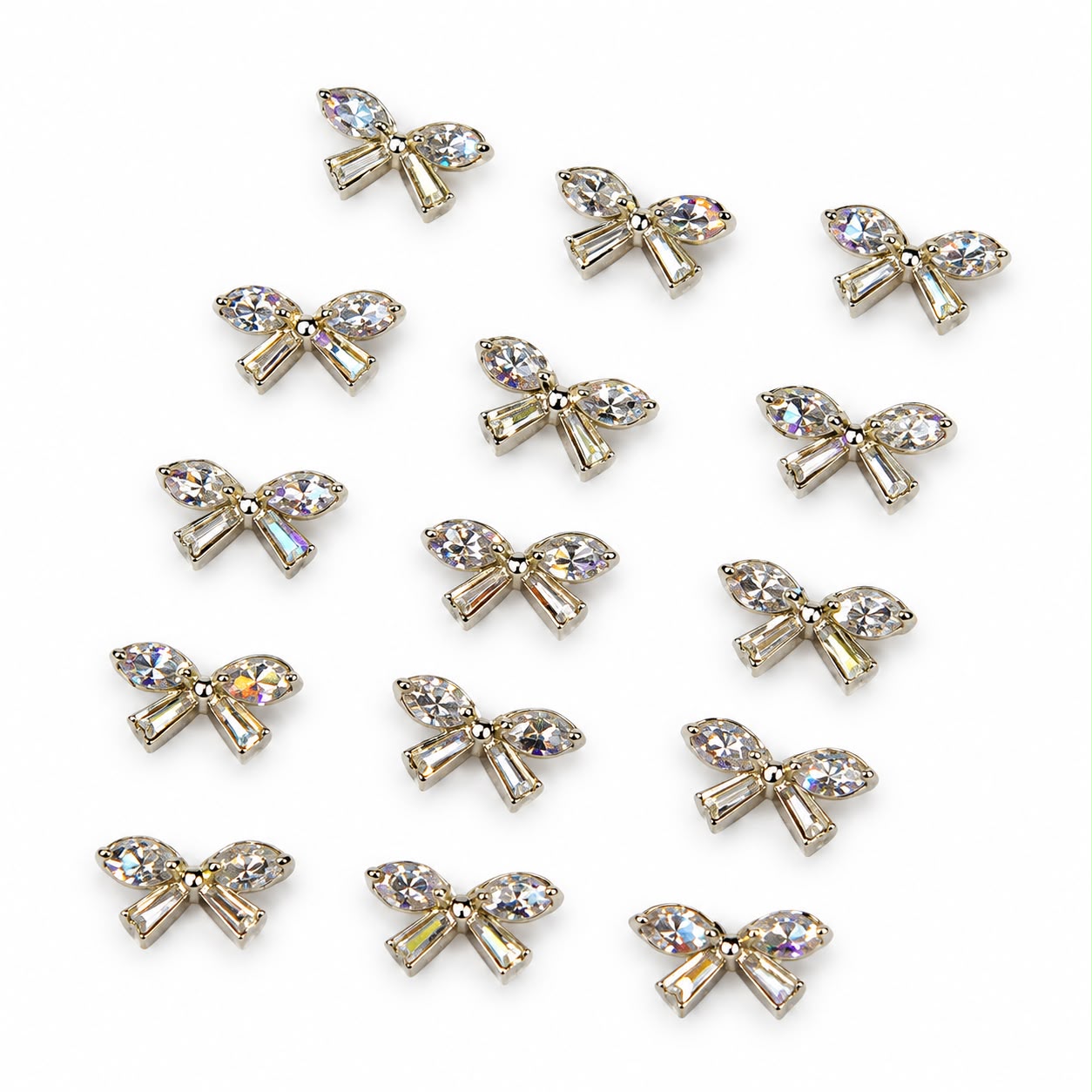 15 Pcs 3D Bow Nail Art Charms with Crystal Rhinestones – Gold Nail Decorations