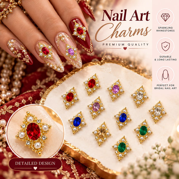 12 Pcs 3D Bridal Nail Art Charms with Rhinestones & Pearls