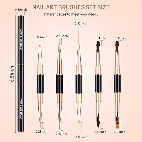 Sevyn Colors Nail Art Brush Set – 5pc Dual-Ended Professional Nail Brushes for Gel, Acrylic, Ombre, 3D & Detail Designs