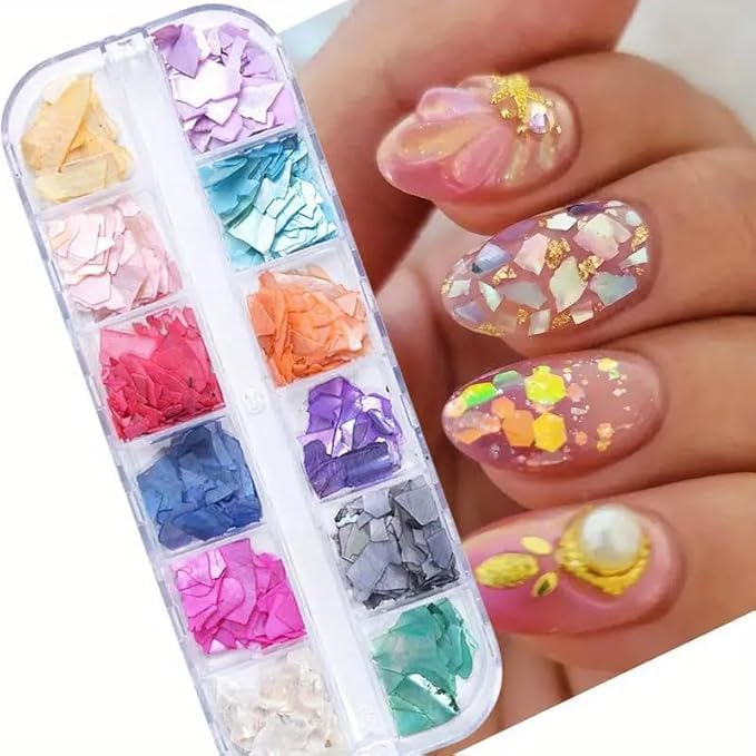 Sevyn Colors Nail Art Mylar Flakes – 12 Color Iridescent Shattered Glitter Set for Gel, Acrylic & DIY Nail Designs