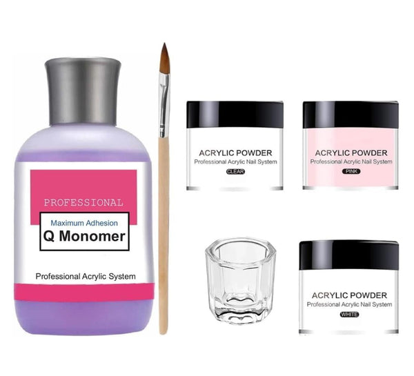 Ez Flow Acrylic Nail Kit – Professional Acrylic System with Q Monomer, Clear/Pink/White Powders, Brush & Glass Dish