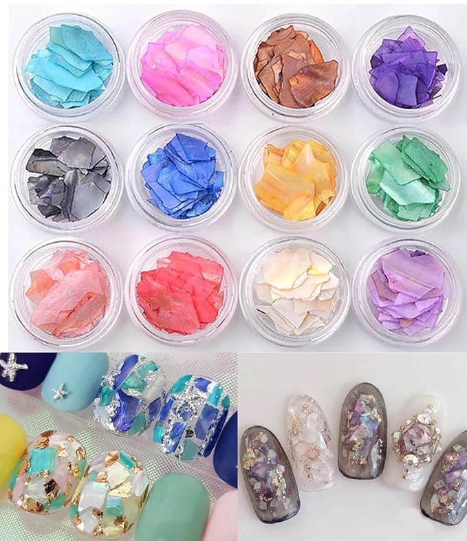 Sevyn Colors Nail Art Mylar Flakes – 12 Color Iridescent Shattered Glitter Set for Gel, Acrylic & DIY Nail Designs