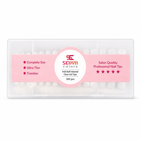 Sevyn Colors Full Buff Almond Clear Gel Tips – 300pcs Professional Nail Extensions | Ultra Thin, Traceless, Unbreakable Press-On Tips (15 Sizes)