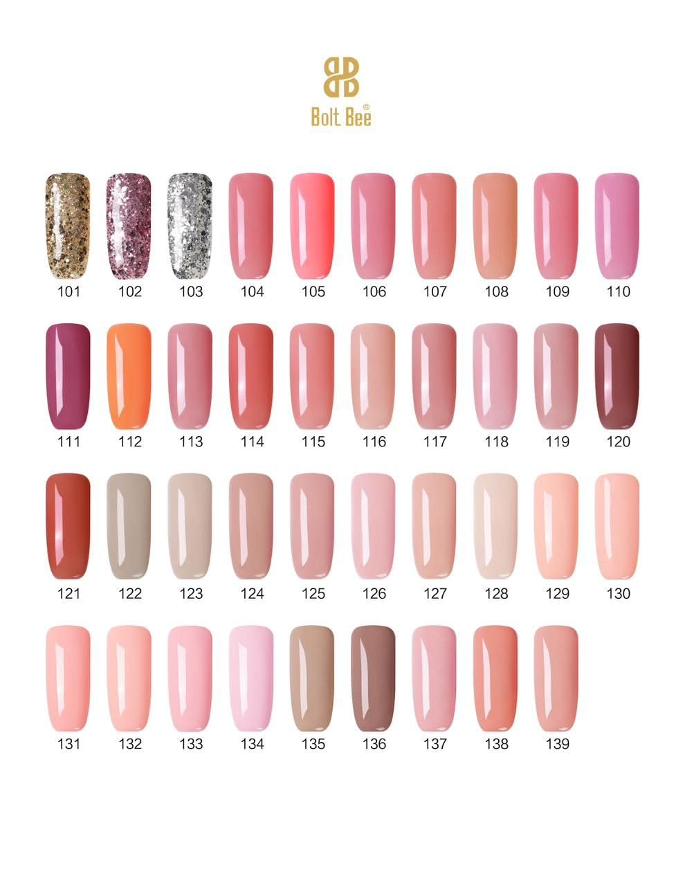 BOLT BEE Gel Nail Polish Kit – Set of 6 Elegant Colors | Brown, Dark Red, Nude Pink, Grey, Glitter Champagne Gold | 15ml Soak-Off UV/LED Gel