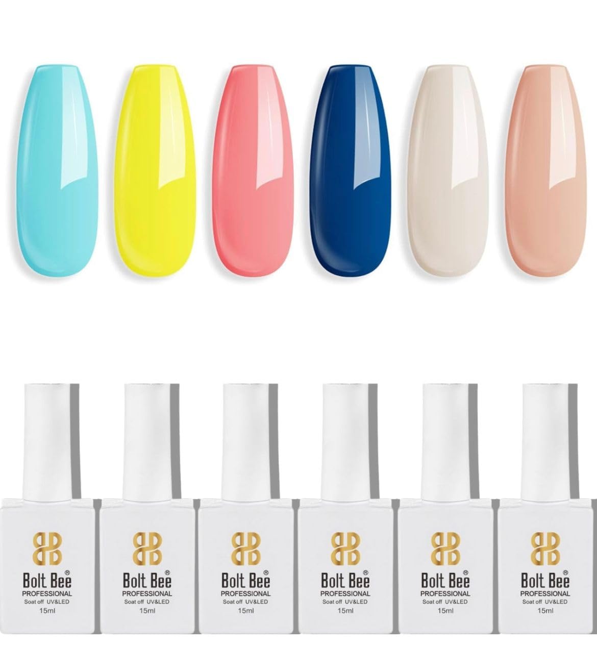 BOLT BEE Gel Nail Polish Kit – Set of 6 Summer Colors | Navy Blue, Mint Green, Neon Yellow, Pink, Nude | Soak-Off UV/LED Gel, 15ml Each