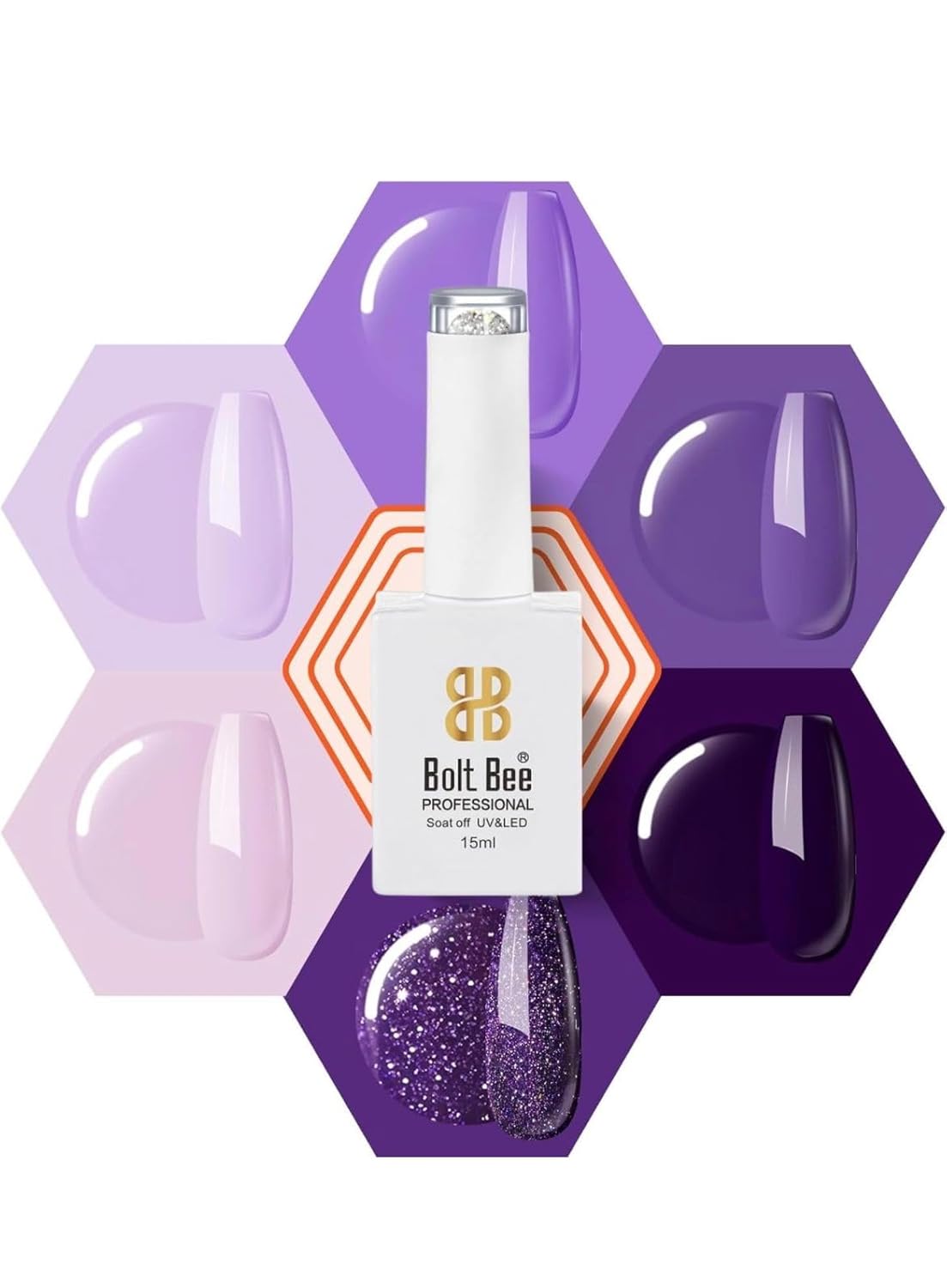 Bolt Bee Purple Gel Nail Polish Set – 6 Colors Grape, Glitter, Lavender & Plum Shades | Soak-Off LED Gel for Summer Nail Art