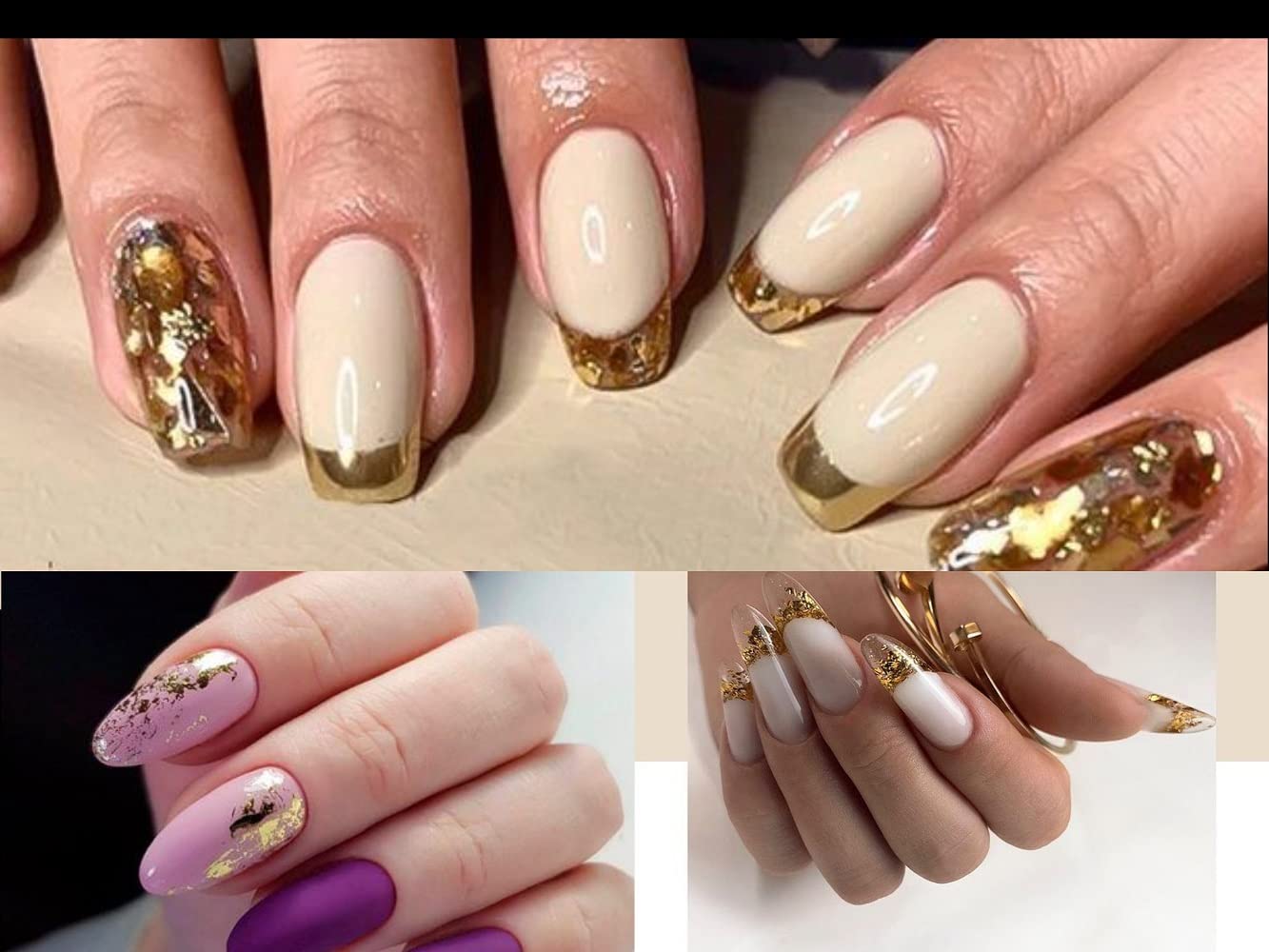 Sevyn Colors Nail Art Foil Flakes – 3 Metallic Leaf Foil Colors for Gel & Acrylic Nails, Gold Silver Copper Nail Decoration Set
