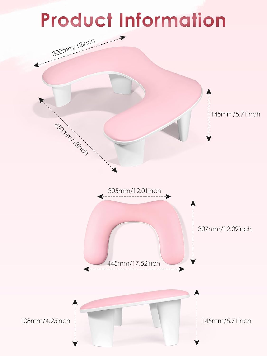 Sevyn Colors Ergonomic Nail Arm Rest Pillow – PU Leather & Soft Sponge Manicure Hand Rest (Pink & White, UV Lamp Not Included)