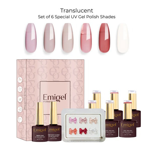 Emigel Professional Translucent UV Gel Polish Set – 6 Special Soak-Off Shades with Base & Top Coat