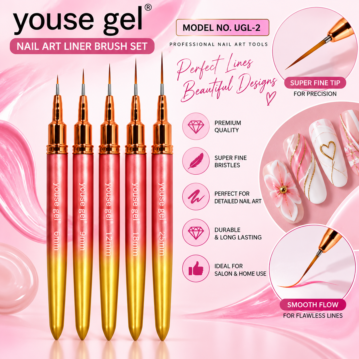 Youse Gel Nail Art Liner Brush Set – 5 Piece Fine Detail Brushes for Gel Polish & Nail Designs