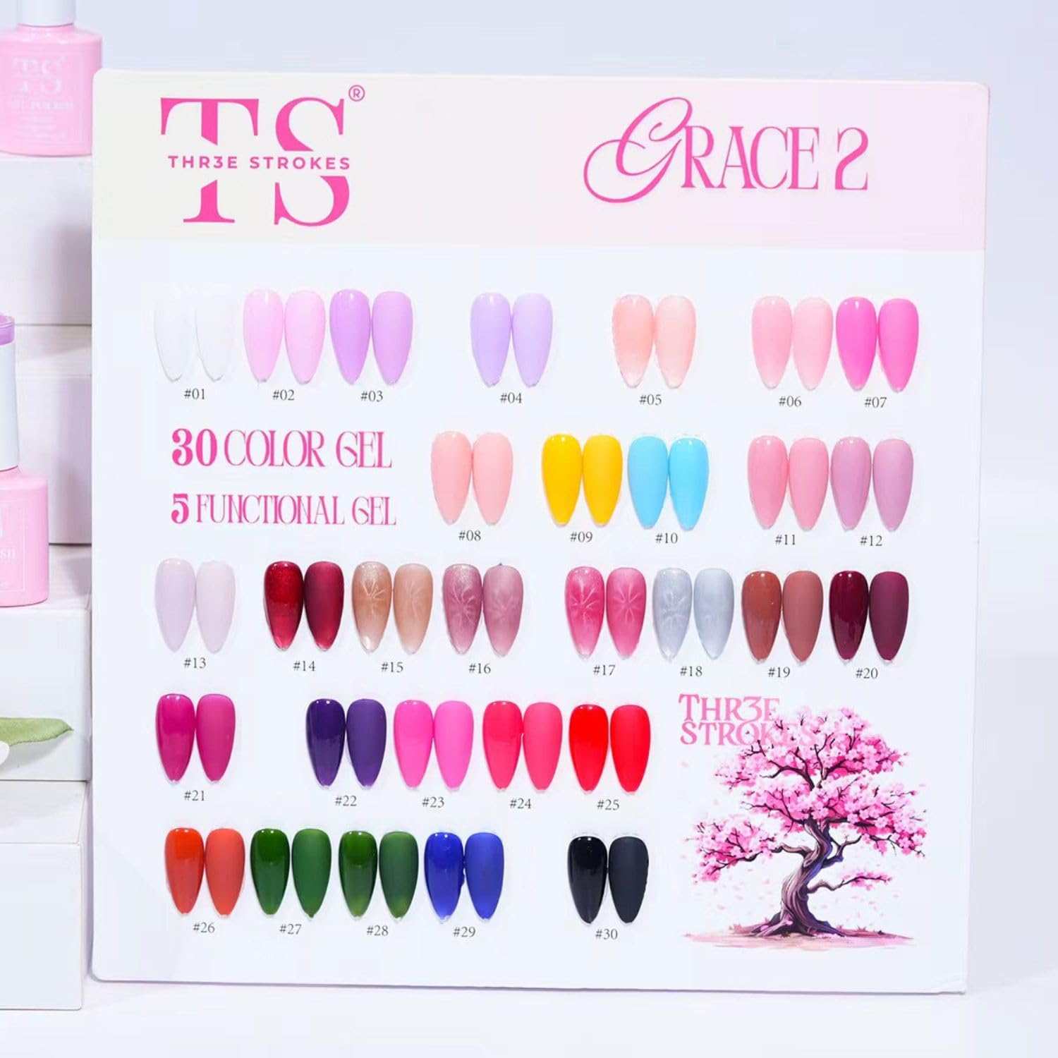 THREE STROKES Grace 2 Gel Polish Kit – 35 Pcs Set | 25 Color Gel + 5 Cat Eye + 5 Multifunctional Gels | Free Magnet