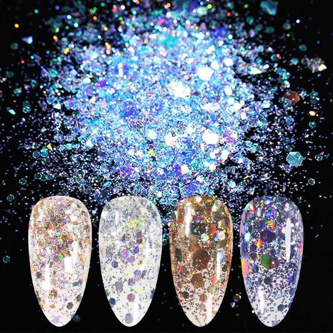 Sevyn Colors Myler Glitter Nail Powder Set 08 Iridescent Flake Glitters for Gel Nails, DIY Nail Art, Resin & Crafts