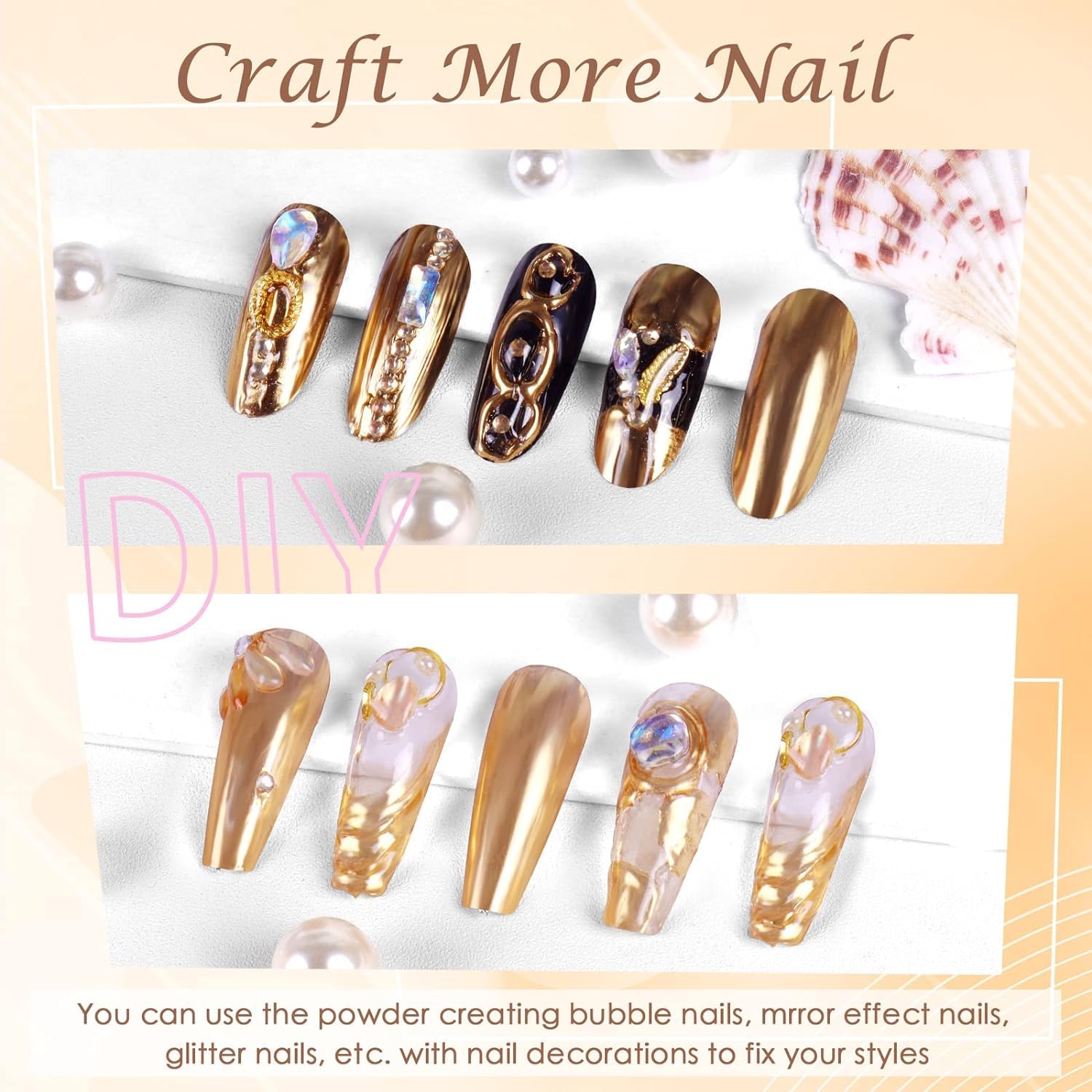 Sevyn Colors Gold Chrome Nail Powder  Mirror Effect Metallic Gold Pigment for Gel & Acrylic Nail Art