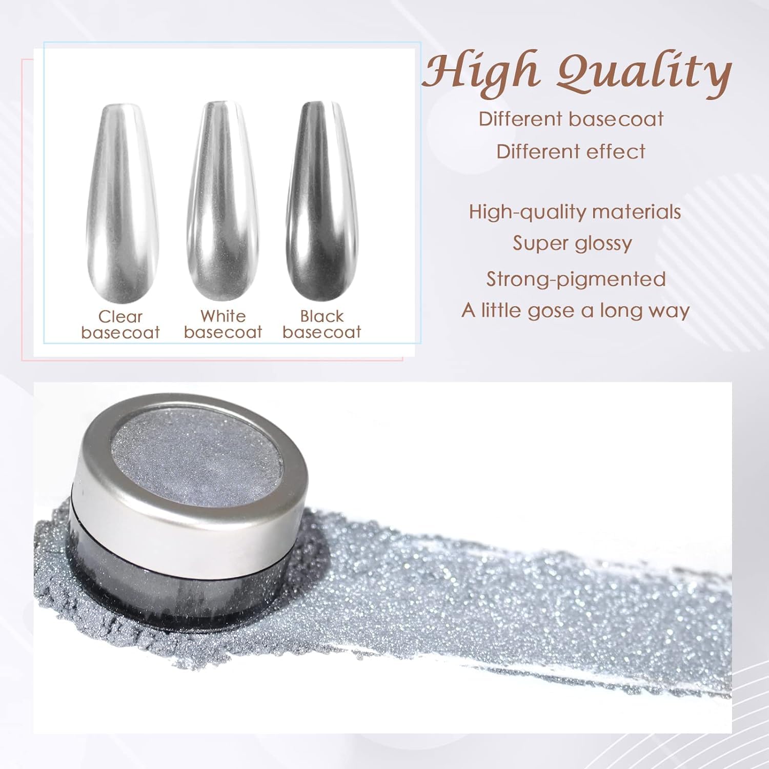 Sevyn Colors Silver Chrome Nail Powder Ultra Mirror Metallic Pigment for 3D Nail Art & Gel Polish, with Applicator