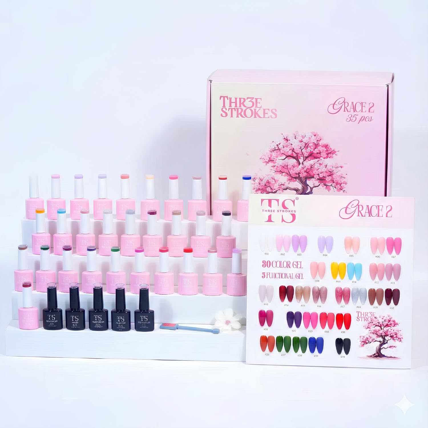 THREE STROKES Grace 2 Gel Polish Kit – 35 Pcs Set | 25 Color Gel + 5 Cat Eye + 5 Multifunctional Gels | Free Magnet