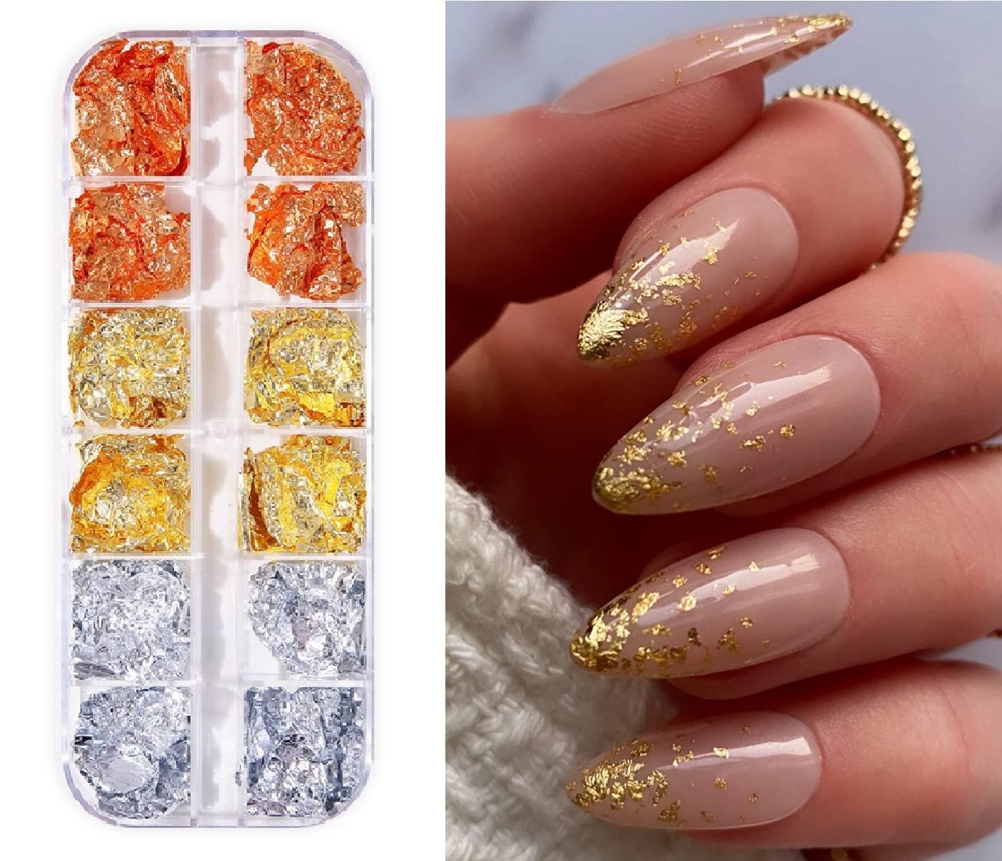 Sevyn Colors Nail Art Foil Flakes – 3 Metallic Leaf Foil Colors for Gel & Acrylic Nails, Gold Silver Copper Nail Decoration Set