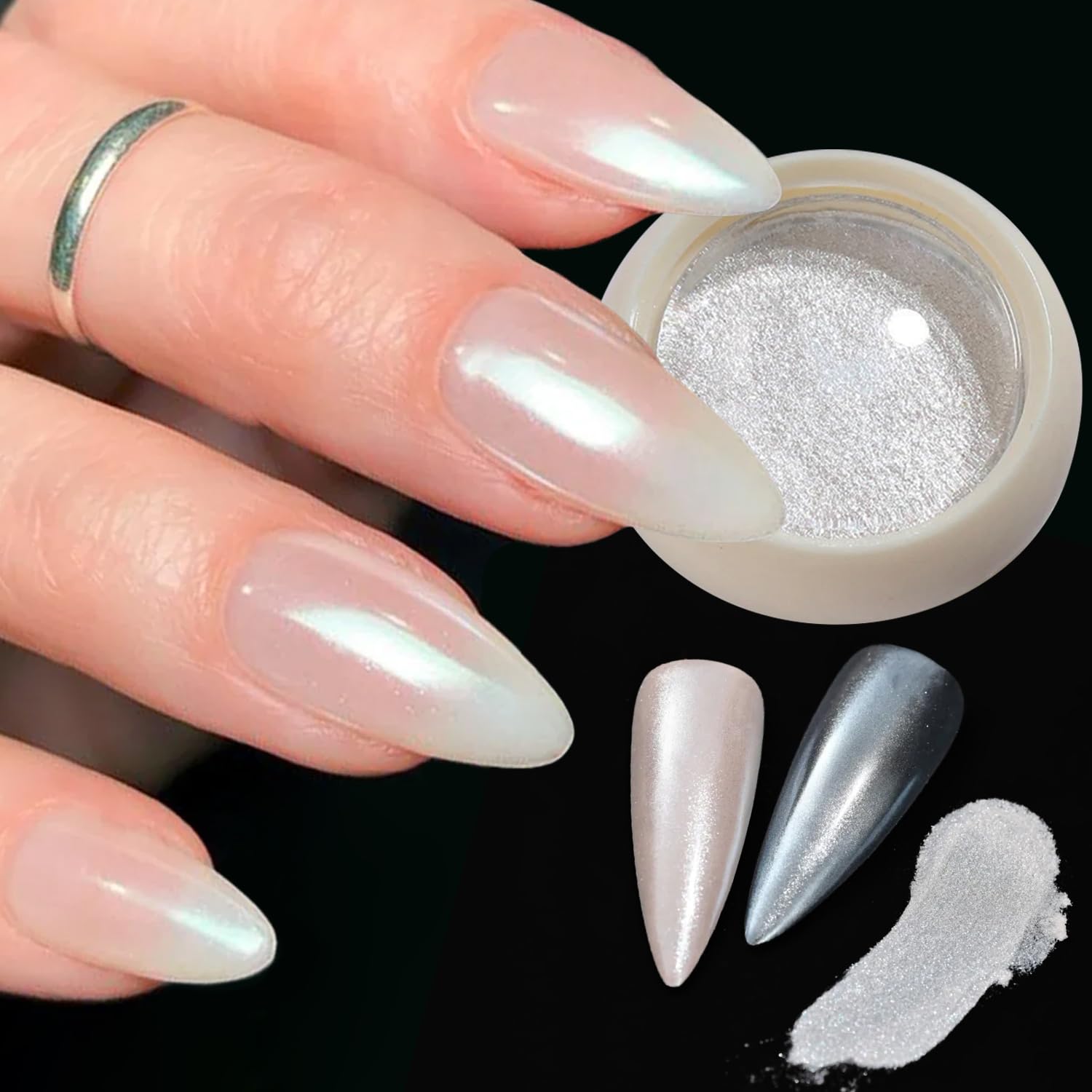 Sevyn Colors Pearl Chrome Nail Powder Iridescent Aurora Mirror Effect for Nails, White Pearl Pigment for Gel Polish, with Applicator