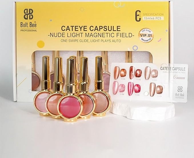 Bolt Bee Cat Eye Capsule Nude Light Magnetic Gel Polish Set (6 Colors, 15ml Each) – Professional Magnetic Nail Art (VIP-1)