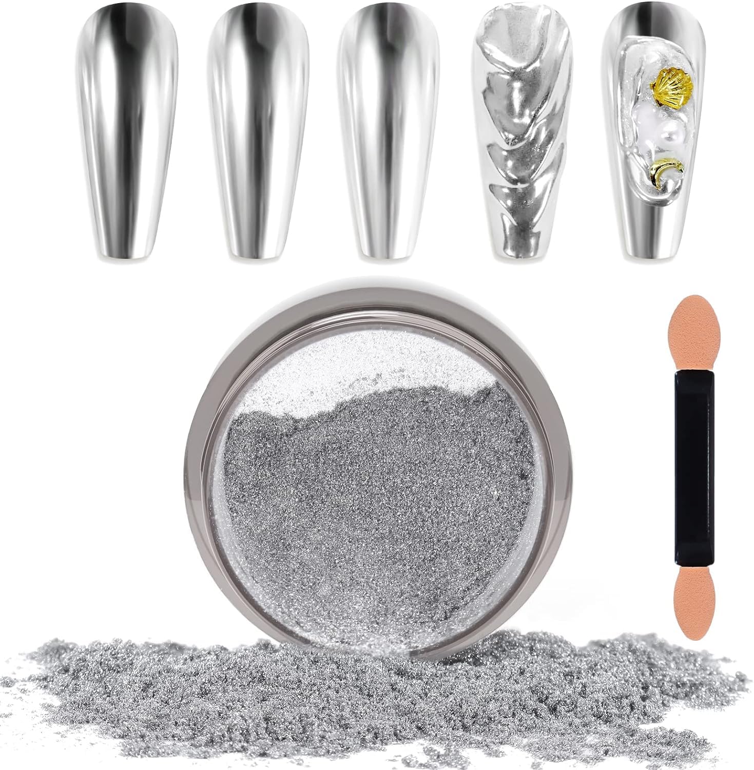 Sevyn Colors Silver Chrome Nail Powder Ultra Mirror Metallic Pigment for 3D Nail Art & Gel Polish, with Applicator