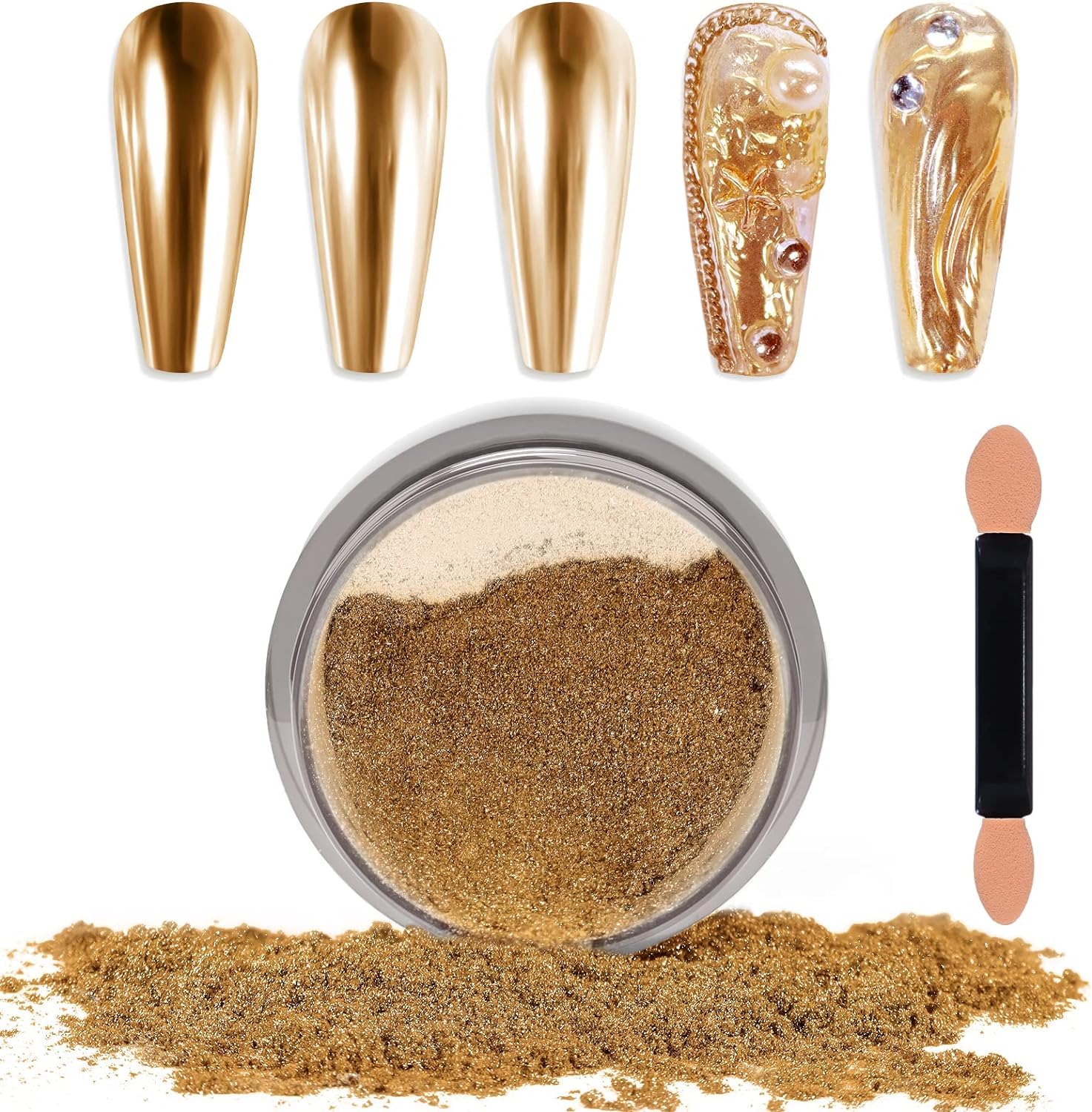 Sevyn Colors Gold Chrome Nail Powder  Mirror Effect Metallic Gold Pigment for Gel & Acrylic Nail Art