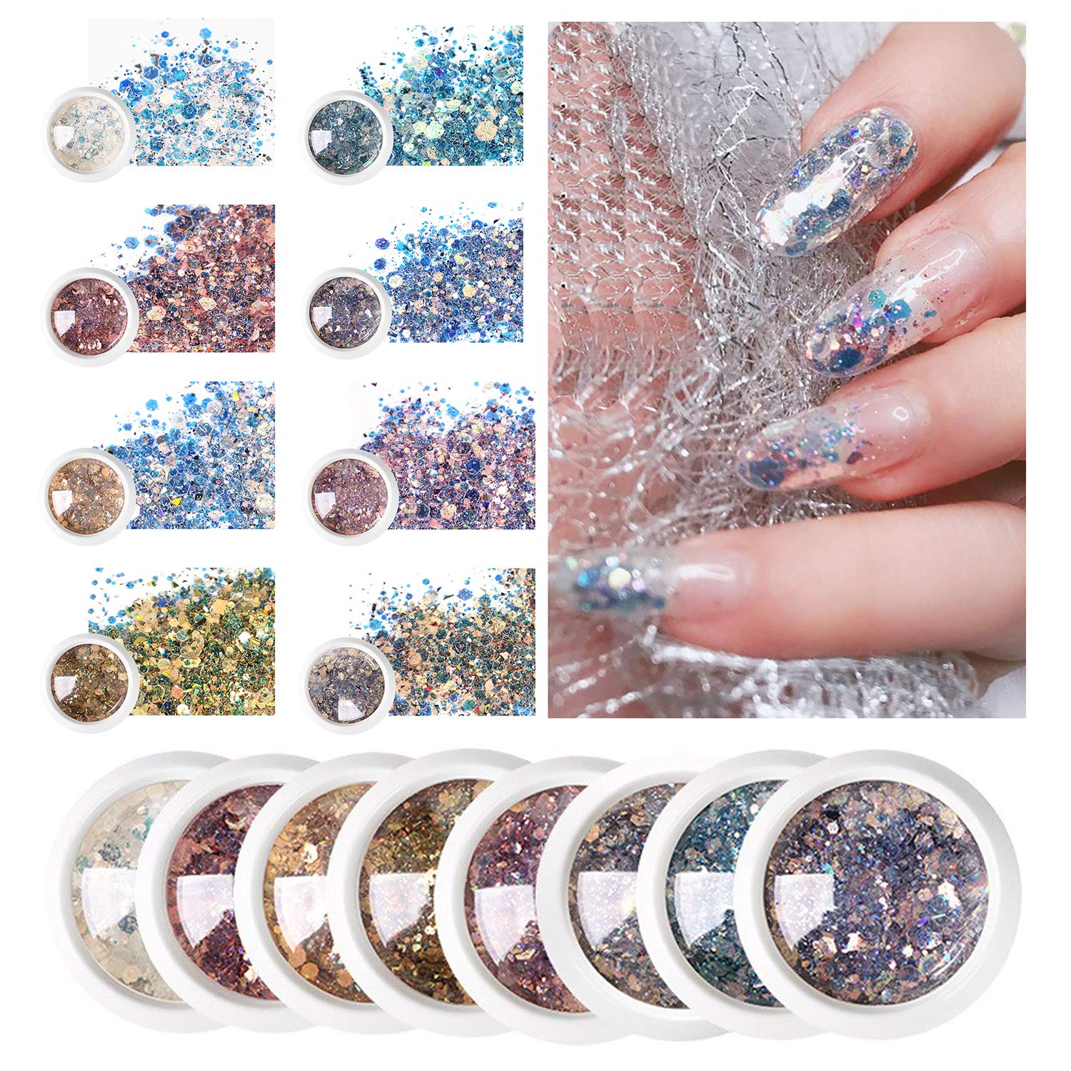 Sevyn Colors Myler Glitter Nail Powder Set 08 Iridescent Flake Glitters for Gel Nails, DIY Nail Art, Resin & Crafts