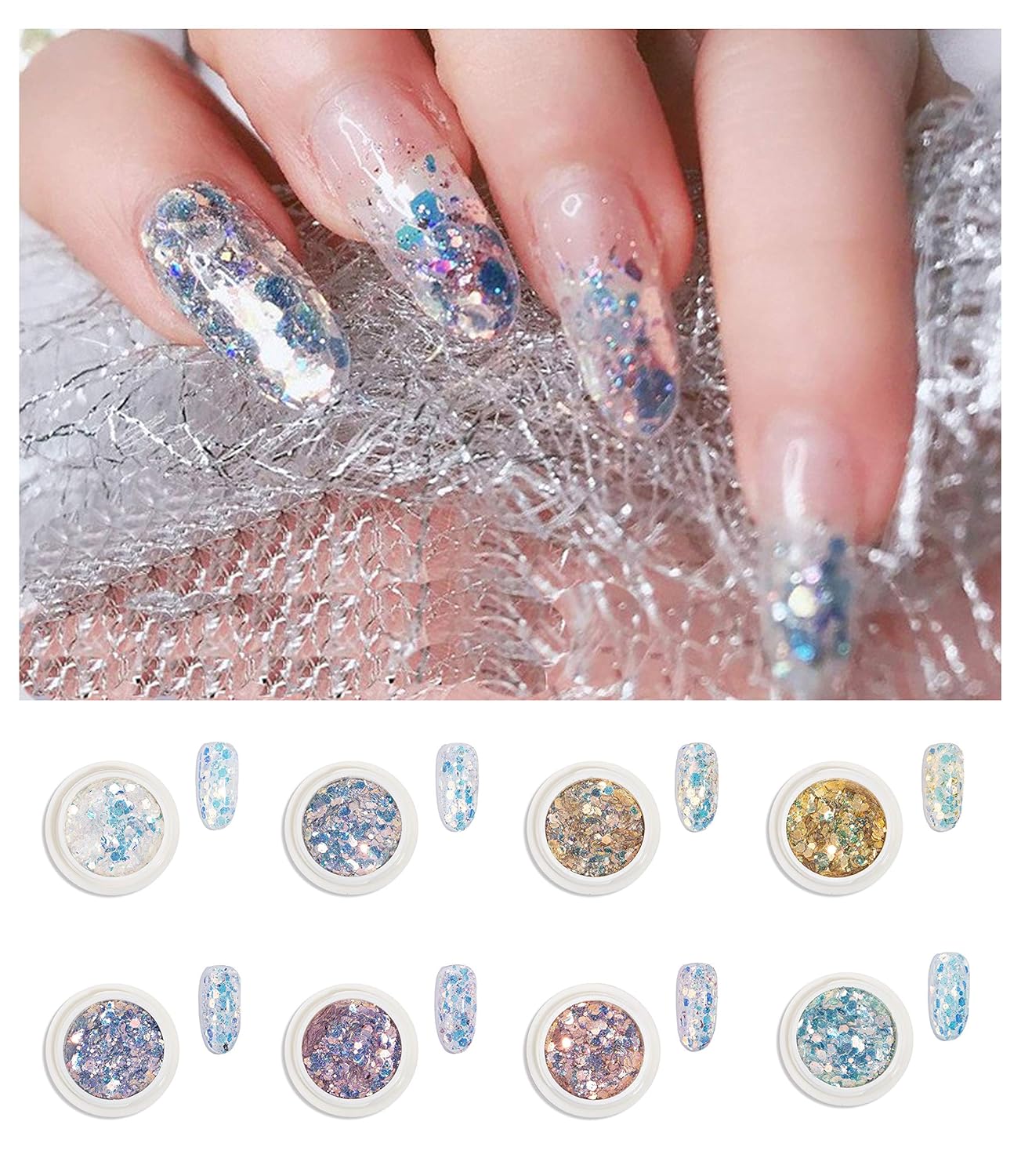 Sevyn Colors Myler Glitter Nail Powder Set 08 Iridescent Flake Glitters for Gel Nails, DIY Nail Art, Resin & Crafts
