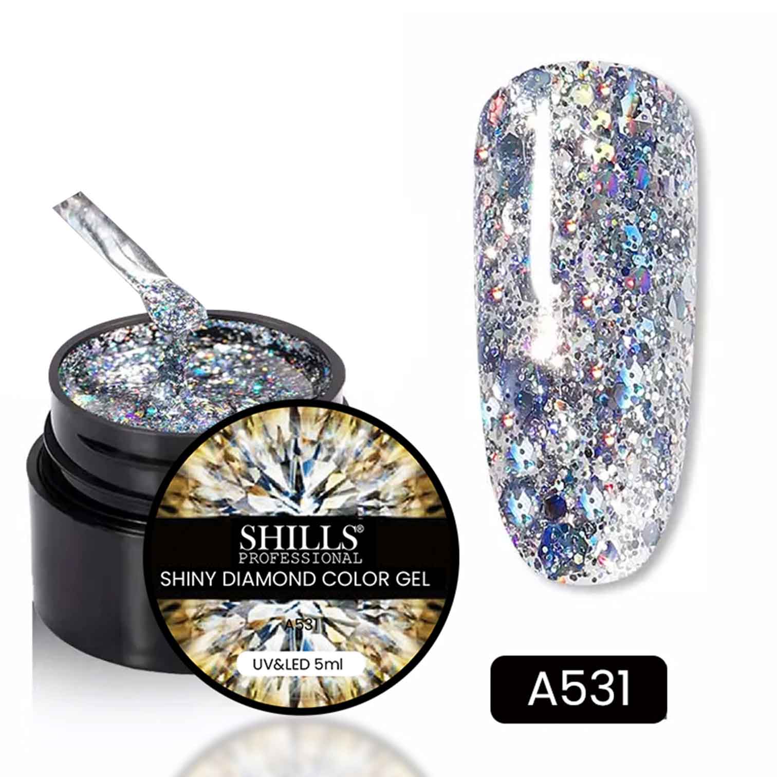 Shills Professional Shiny Diamond Gel – Reflective Glitter Gel Polish for Nails | High-Shine, Sparkling Diamond Effect | UV/LED Soak Off Gel (Shade -A531)