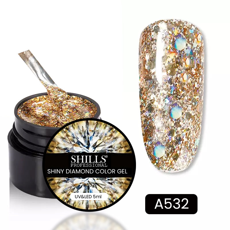 Shills Professional Shiny Diamond Gel – Reflective Glitter Gel Polish for Nails | High-Shine, Sparkling Diamond Effect | UV/LED Soak Off Gel (Shade -A532)