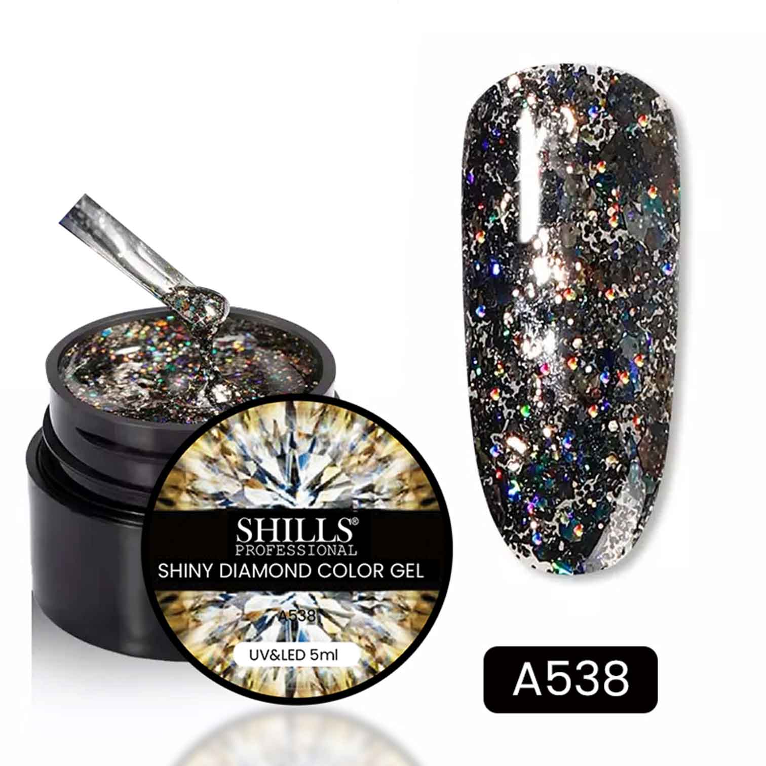 Shills Professional Shiny Diamond Gel – Reflective Glitter Gel Polish for Nails | High-Shine, Sparkling Diamond Effect | UV/LED Soak Off Gel (Shade -A538)