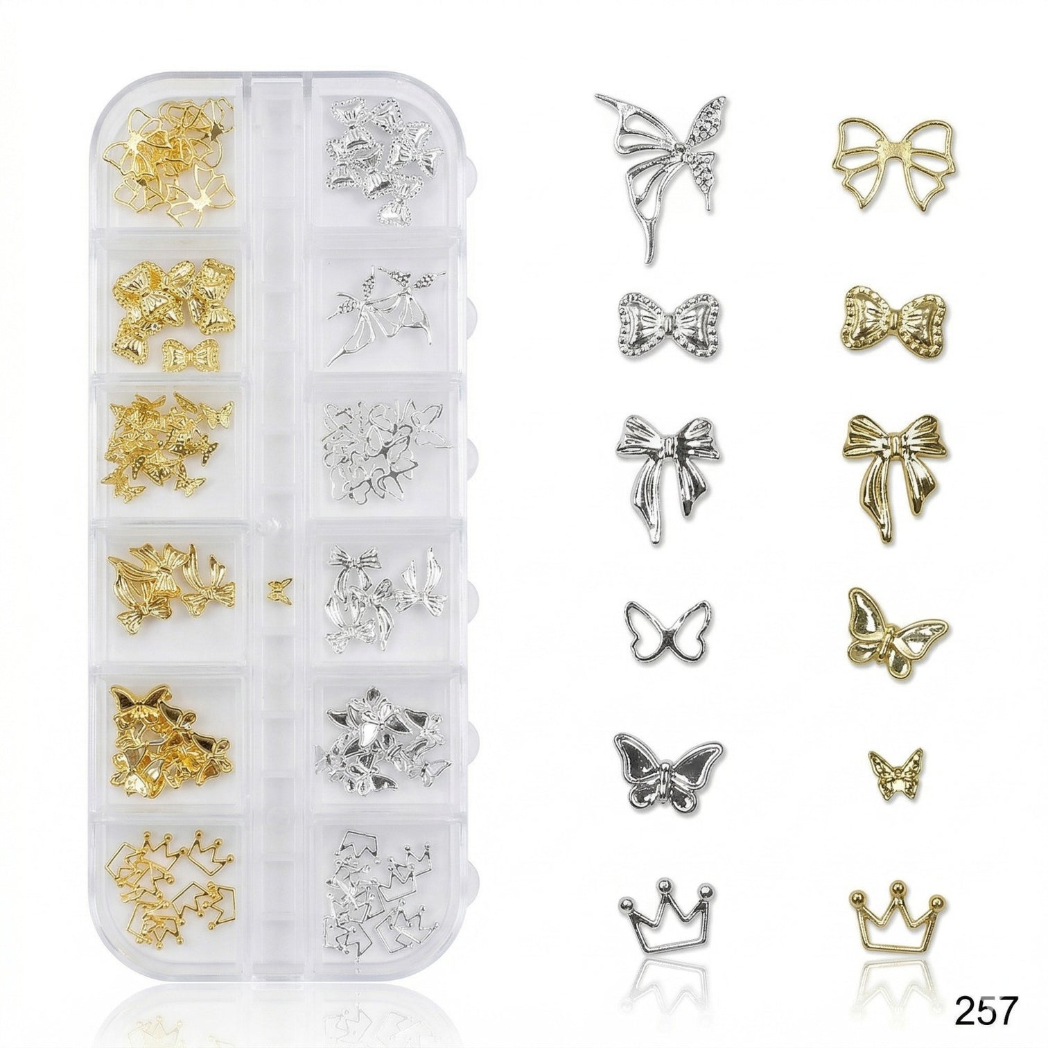 Premium Gold & Silver Nail Charms Kit – Bow, Butterfly & Crown 3D Nail Art Set