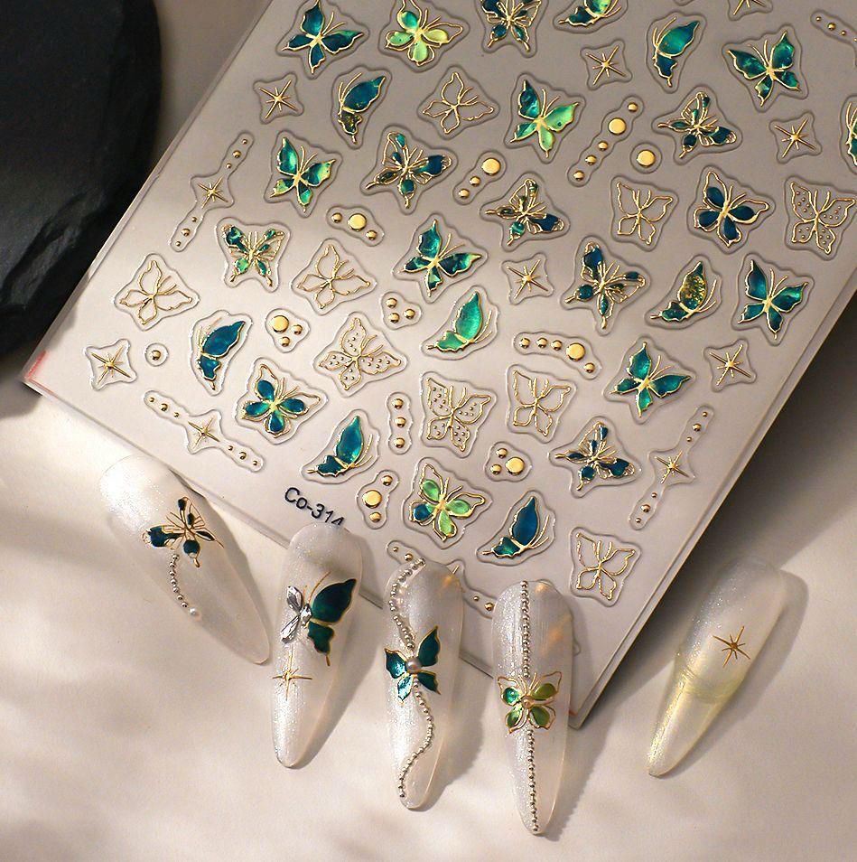 Butterfly Nail Art Stickers – 3D Gold Foil Green Butterfly Nail Decals