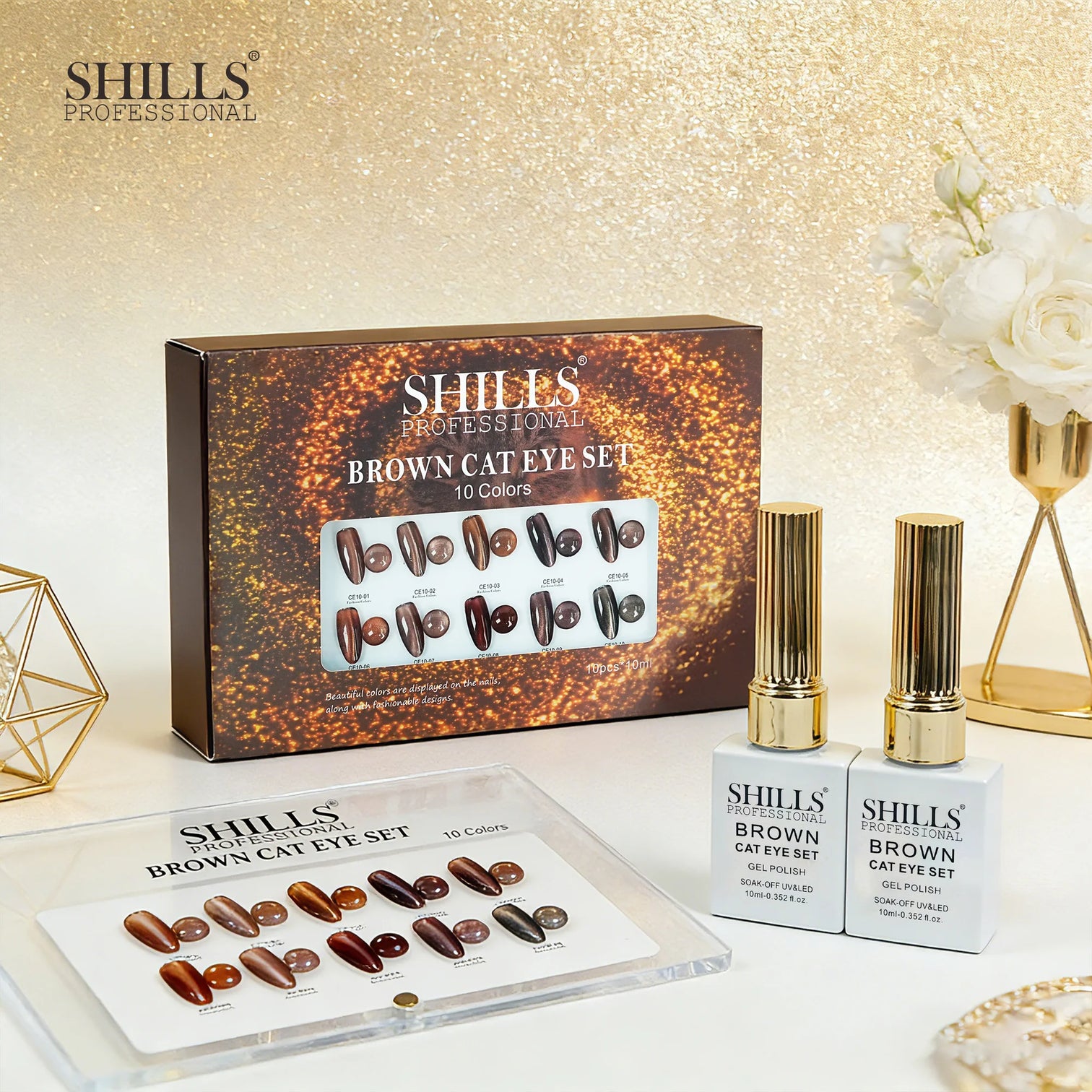 Shills Brown Cat Eye Gel Polish Set (10 Colors) | Magnetic Nail Art Kit | UV/LED Soak-Off Gel