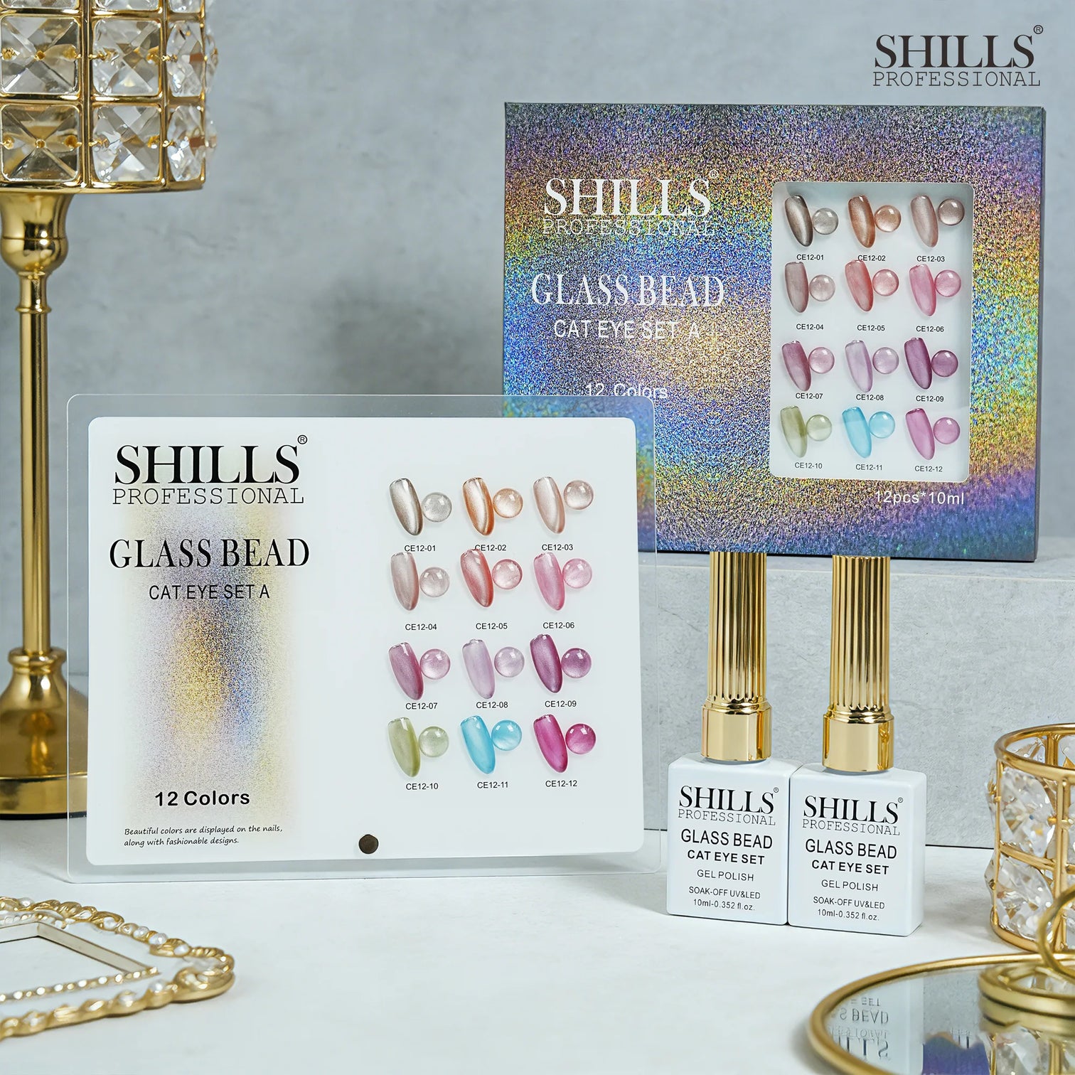 Shills Glass Bead Cat Eye Gel Polish Set A (12 Colors) | Magnetic Nail Art Kit | UV/LED Soak-Off