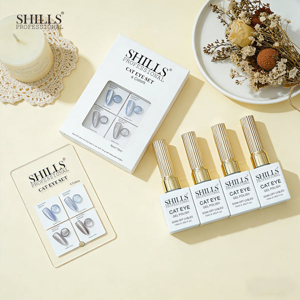 Shills Professional Cat Eye Gel Polish Set CE43 (4 Colors) | Magnetic Nail Art Kit | UV/LED Soak-Off