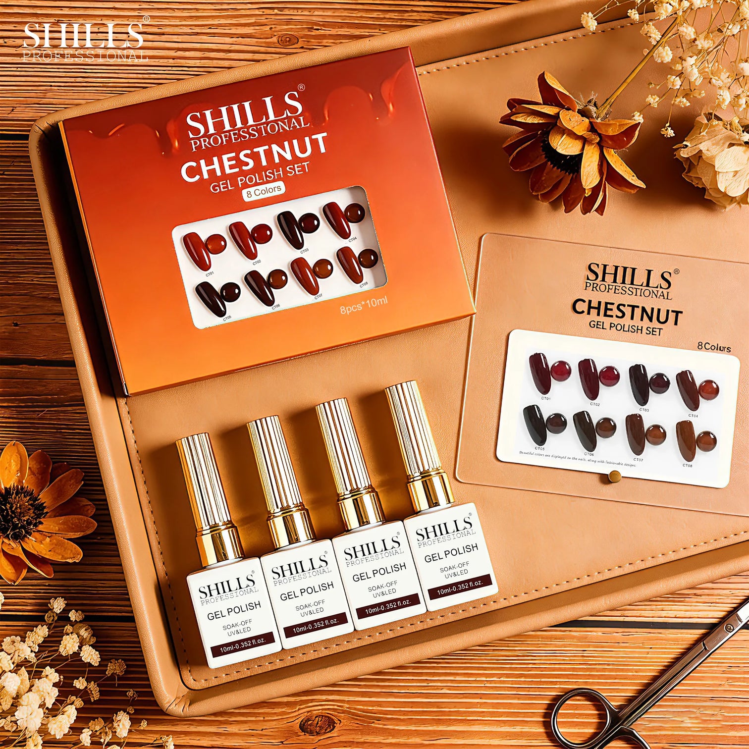 Shills Chestnut Gel Polish Set (8 Colors) | Warm Brown Nail Art Kit | UV/LED Soak-Off Gel