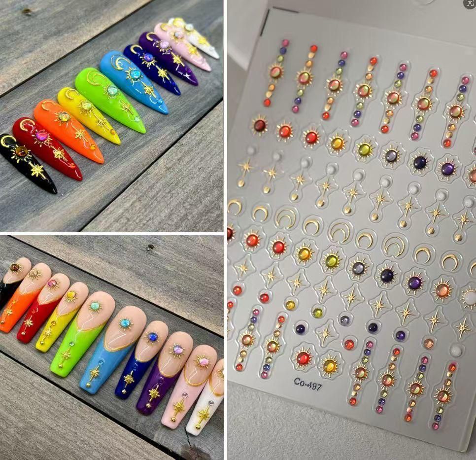 Celestial Sun Nail Art Stickers – 3D Colorful Gem Star & Moon Nail Decals