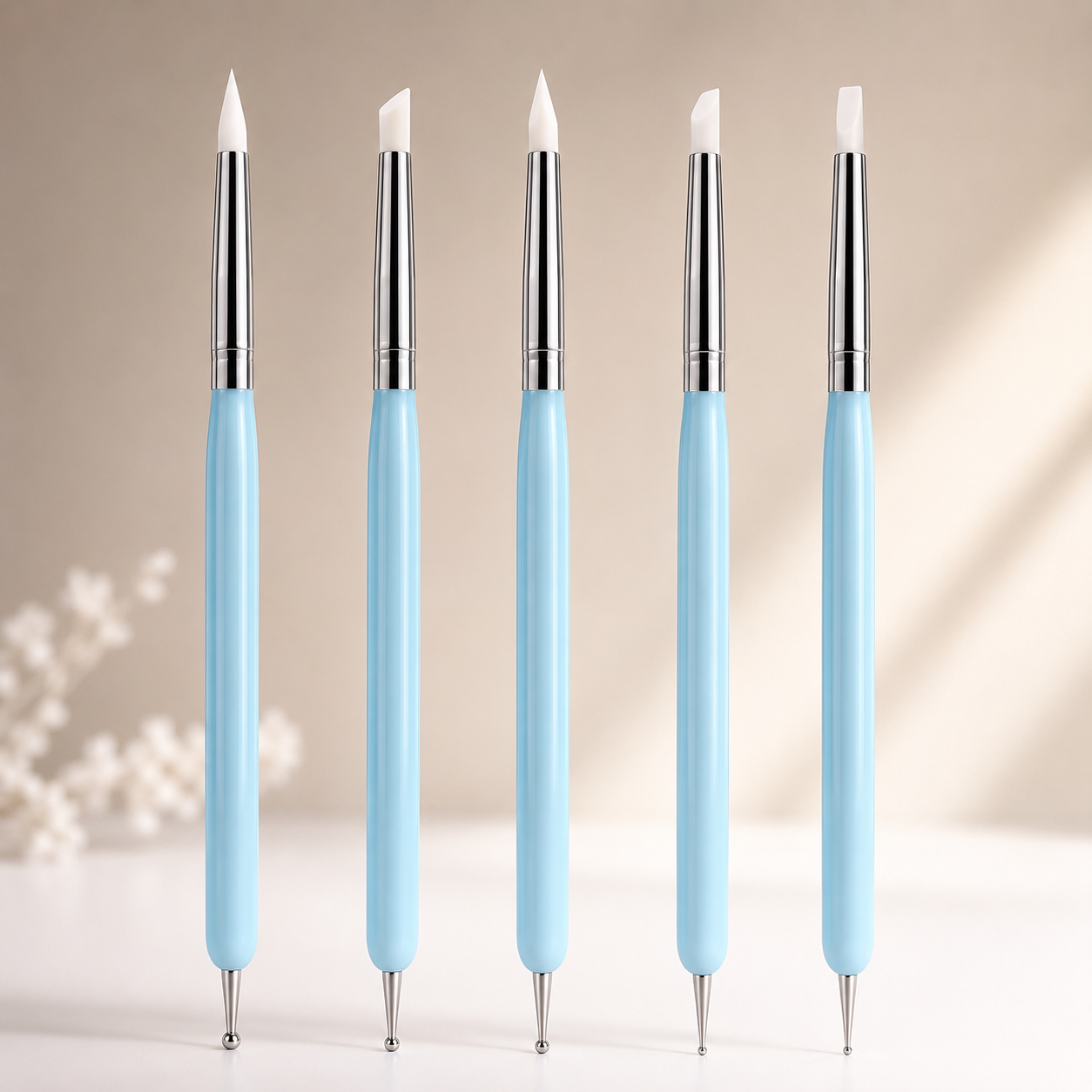 Sevyn Colors 5PCS Silicone Nail Art Tools with Dotting Pens – Dual-Ended Nail Sculpting Brushes for Gel Polish, Cleanup & Detailing