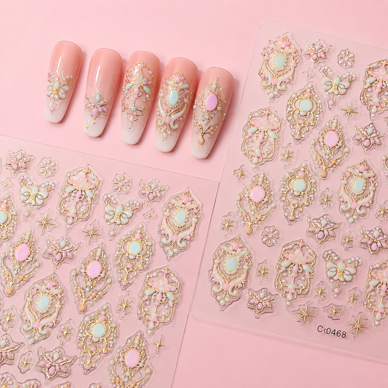 Princess Jewel Nail Art Stickers – 3D Pastel Gem & Gold Luxury Nail Decals